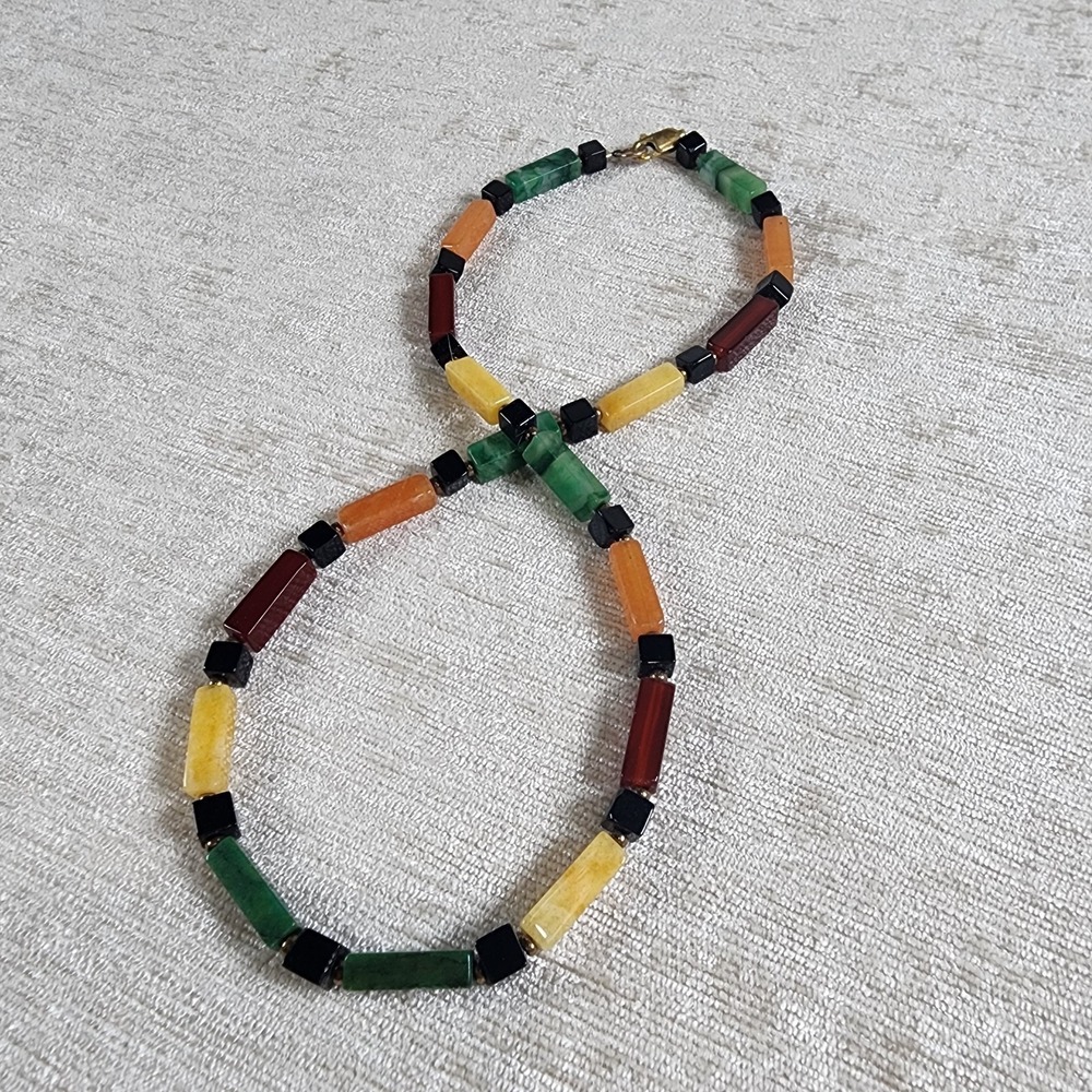Lucite Jasper multicolor cube bead necklace art deco fall colors earth boho 15"